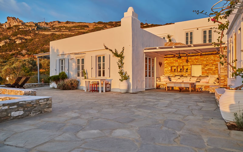 front side of a villa at sunset