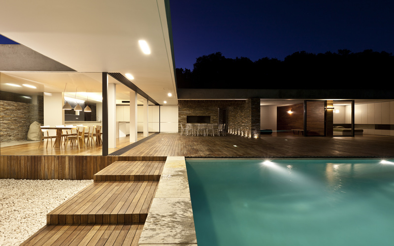pool and villa at night