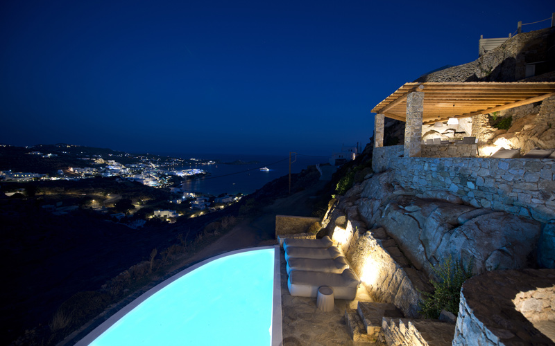 villa with pool at night