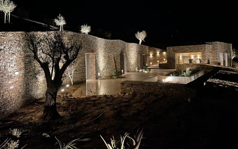 outside villa at night