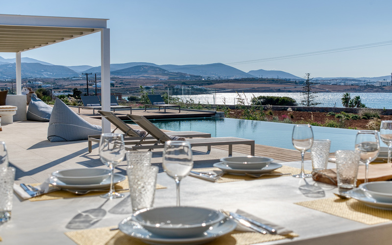 outdoor dining area with pool view