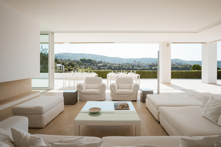 living area with pool view