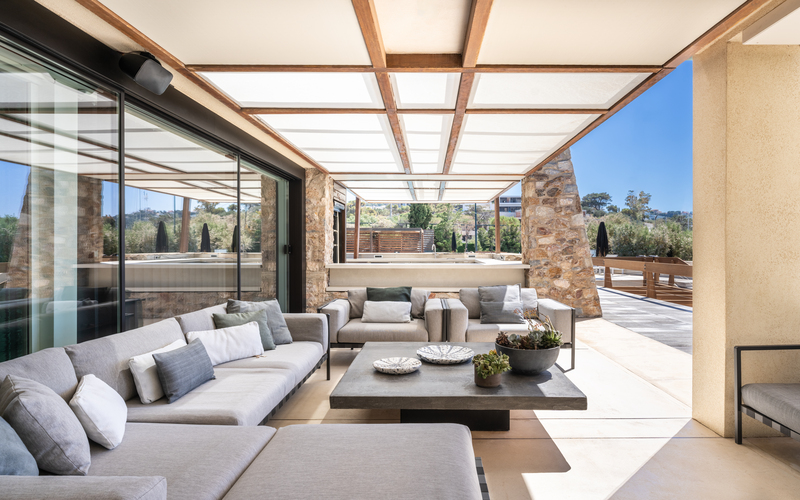 outdoor shaded lounge area