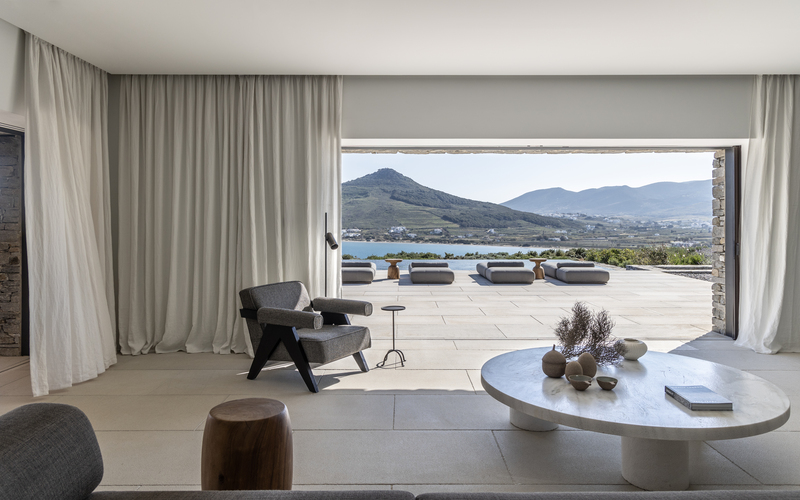 living area with access to pool area